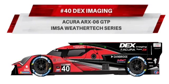 Side view of Acura ARX-06 GTP race car #40 by DEX Imaging in IMSA WeatherTech Series with red and black livery.