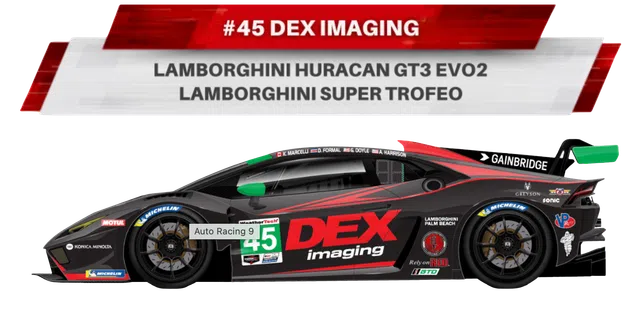 Side view of Lamborghini Huracan GT3 EVO2 race car with DEX Imaging livery and #45 racing number.