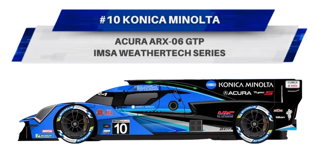 Side view of Acura ARX-06 GTP race car #10 by Konica Minolta in IMSA WeatherTech Series with blue and black livery.