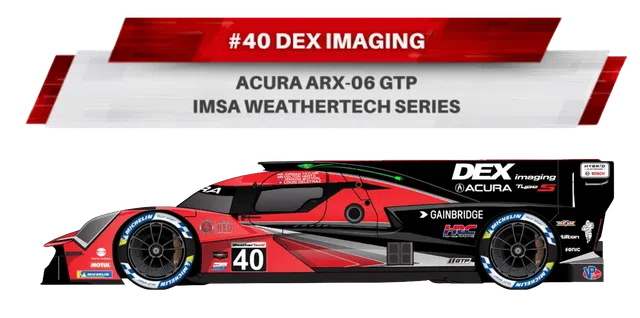 Side view of Acura ARX-06 GTP race car #40 by DEX Imaging in IMSA WeatherTech Series with red and black livery.