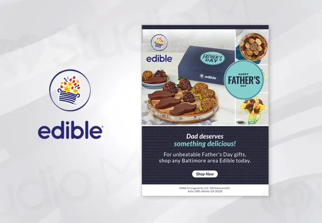 Edible Arrangements Father's Day gift featuring chocolate-dipped fruits and gift box with promotional text