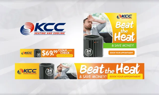 KCC Heating and Cooling ads promoting $69.99 clean and check service to beat the heat and save money.