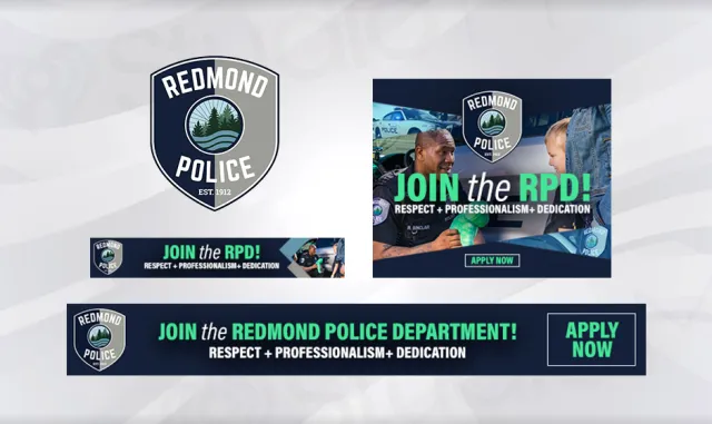 Redmond Police Department recruitment banners highlighting respect, professionalism, and dedication with apply now call to action.