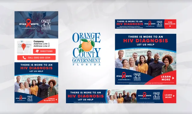 Collection of HIV diagnosis awareness ads featuring diverse groups and Orange County Government logo