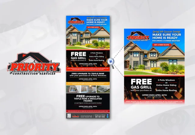 Priority Construction Services ad offering free gas grill with home windows, siding, or roofing purchase before April 30th.
