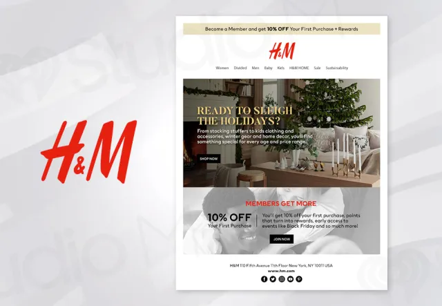H&M holiday promotion with 10% off first purchase, featuring winter decor and clothing offers.