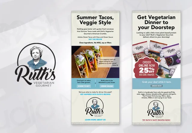 Ruth's Vegetarian Gourmet ads showcasing summer tacos and vegetarian dinner delivery with 25% off online order.