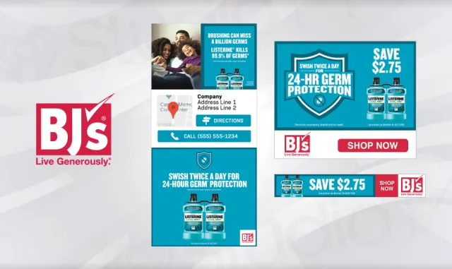 BJ's ad for Listerine mouthwash offering 24-hour germ protection and a $2.75 savings with shop now button
