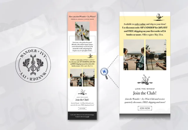 Promotional email design for Wander + Ivy Wines offering discounts, free shipping, and wine club membership.