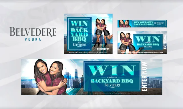 Belvedere Vodka Backyard BBQ contest banner featuring two smiling women hugging with city skyline background