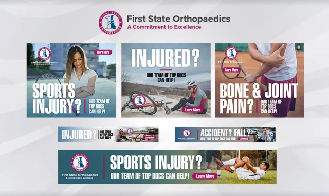 First State Orthopaedics banners showing sports injuries, bone and joint pain, and accident recovery support with doctors' help.