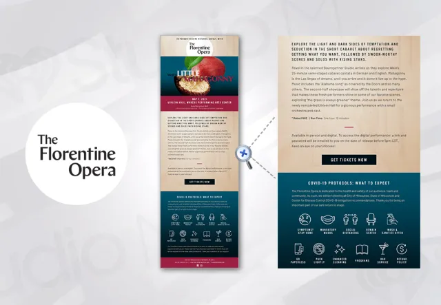 Flyer for The Florentine Opera's Little Mahagonny performance with event details and COVID-19 protocols.
