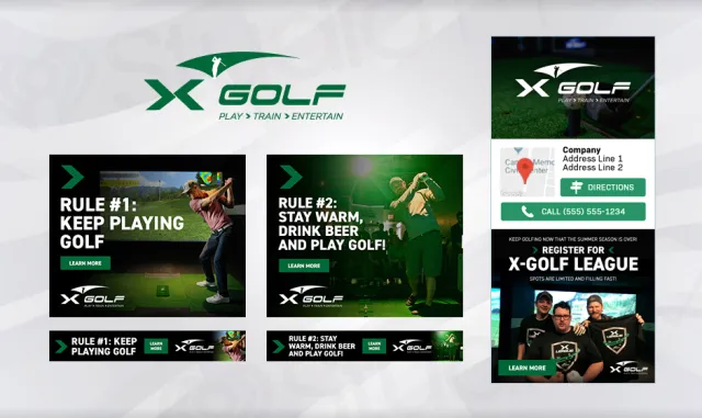 X Golf promotional images featuring golf players, league registration, and contact details for the company.