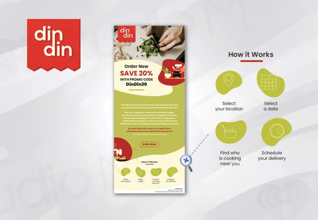 Promotional flyer for DinDin food delivery service offering 20% off with promo code DinDin20 and delivery steps.