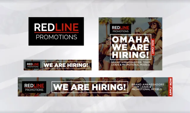 RedLine Promotions hiring ads featuring job roles for brand ambassadors, team leads, and promotional models in Omaha.