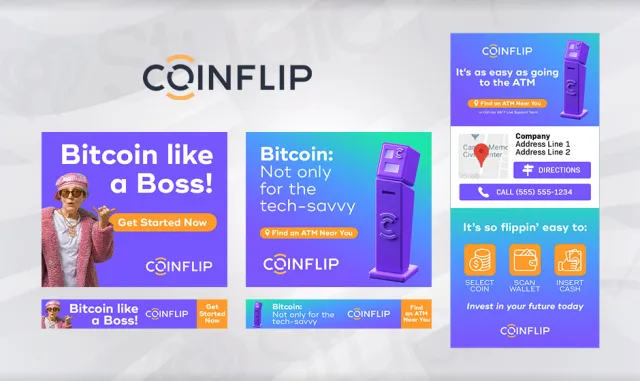 CoinFlip ads promoting easy Bitcoin access with ATM locations, call support, and simple steps to buy Bitcoin.