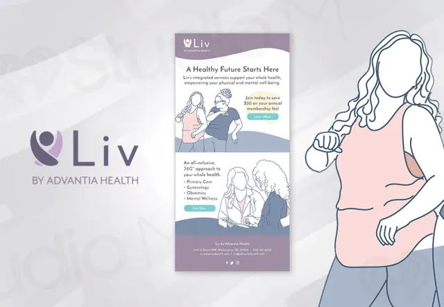 Liv by Advantia Health banner promoting whole health services with illustrations and membership savings offer