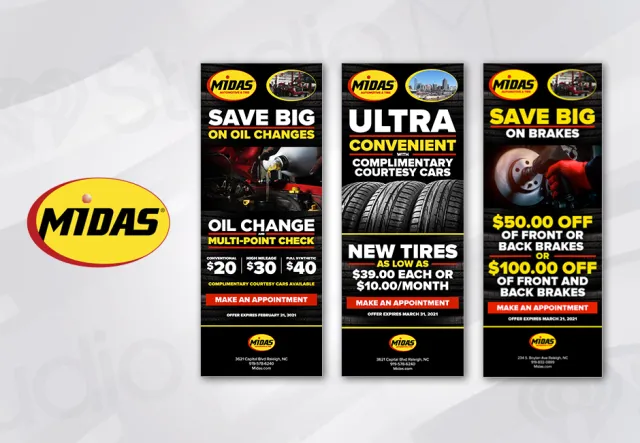 Midas automotive service offers oil changes, new tires, and brake discounts with appointment options and courtesy cars.