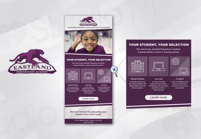 Eastland Preparatory Academy flyer showing learning options with student photo and logo in purple theme