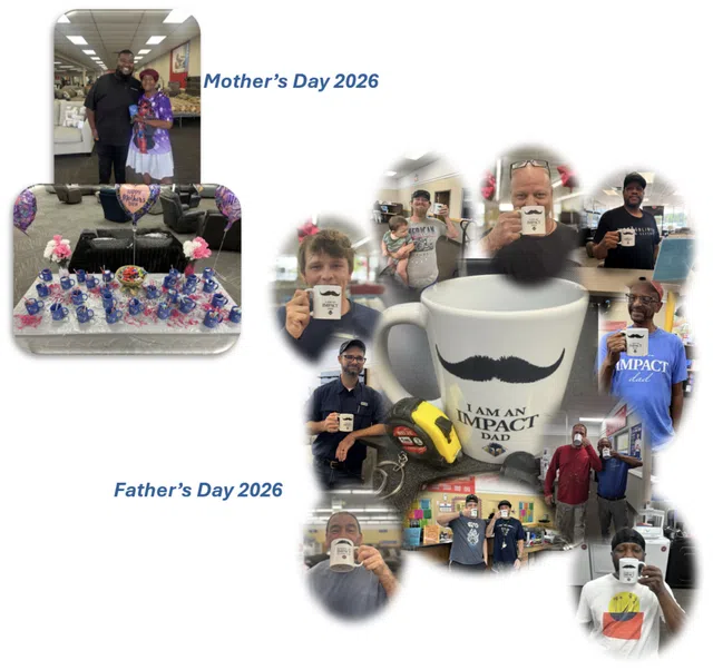 Collage celebrating Mother's Day and Father's Day 2026 with people holding 'I am an Impact Dad' mugs and decorated tables.