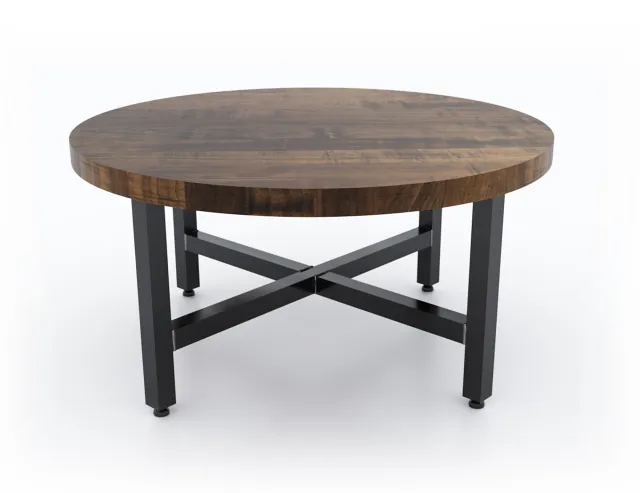 Round wooden coffee table with cappuccino finish top and black metal legs in modern design