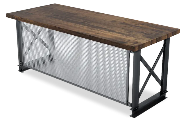 Industrial style rectangular wooden desk with metal mesh front panel and black metal frame base.