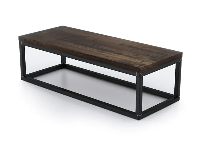 Rectangular coffee table with dark wooden top and black metal frame on white background