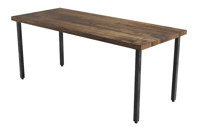 Rectangular wooden table with a dark wood top and black metal legs in a minimalist design.