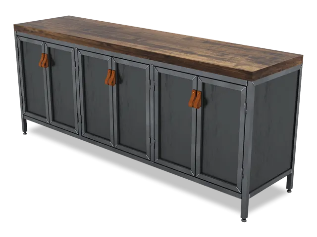 Long industrial-style sideboard with black metal frame, wooden top, and six doors with leather handles.