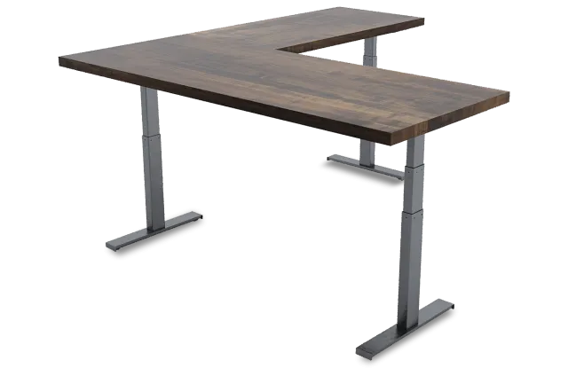L-shaped adjustable standing desk with dark wood top and metal legs offering ergonomic workspace.