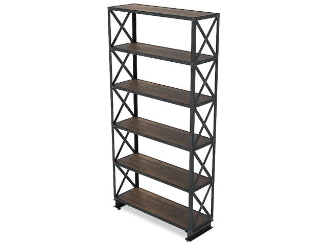 Tall industrial-style bookshelf with six wooden shelves and black metal frame with cross supports