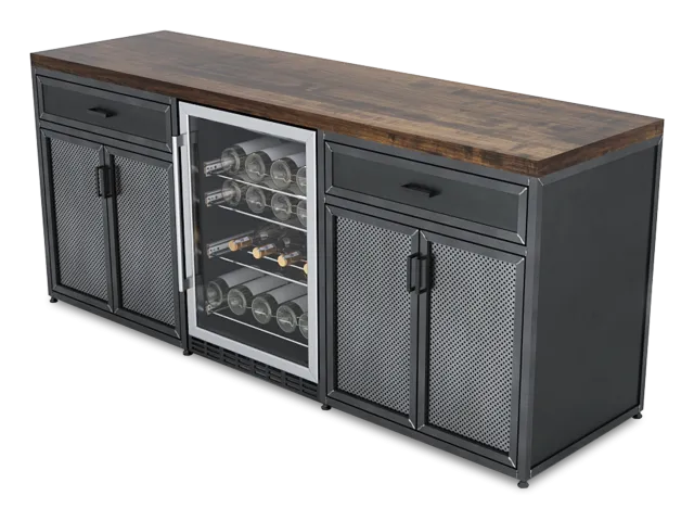 Industrial-style sideboard with metal mesh cabinets, wooden top, and central glass wine cooler filled with bottles.