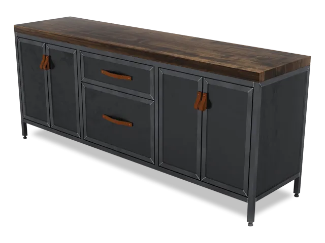 Industrial style black metal storage cabinet with wooden top and leather handle accents for home or office.