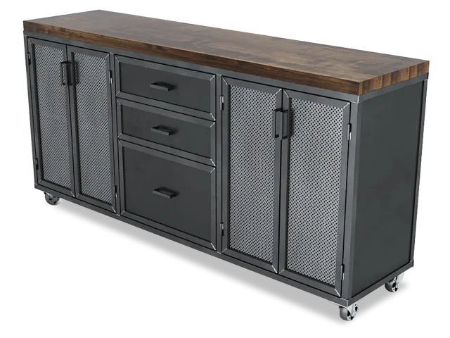 Industrial metal storage cabinet with wooden top, perforated doors, three drawers, and caster wheels for mobility.