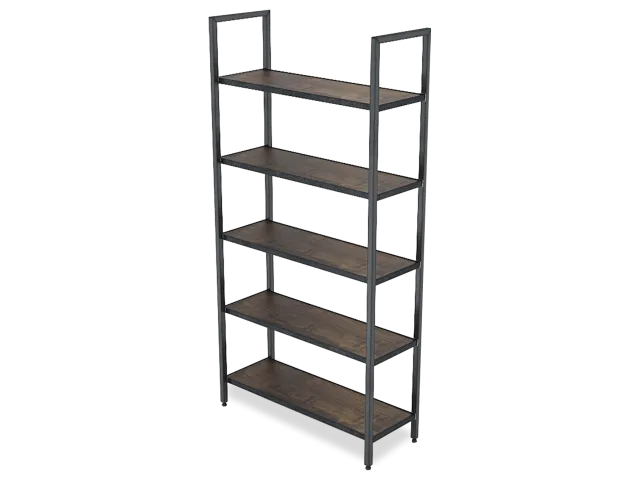 Five-tier wooden and black metal frame shelving unit with an industrial design