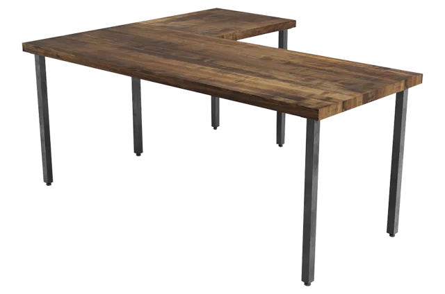L-shaped wooden office desk with dark metal legs and rustic finish, designed for workspace organization.