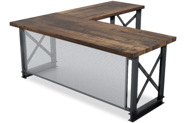 L-shaped industrial office desk with dark wood top and metal frame featuring mesh panel and cross braces
