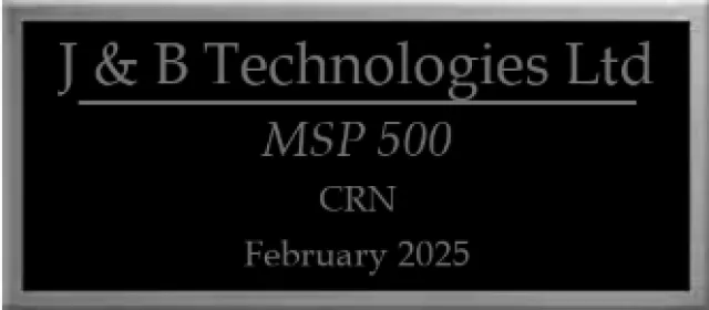 Black and silver plaque displaying J & B Technologies Ltd MSP 500 CRN February 2025 award.