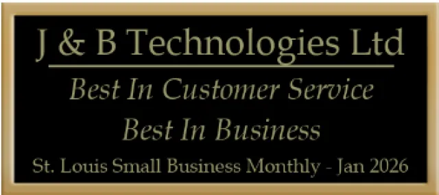 Award plaque from J & B Technologies Ltd recognizing best in customer service and business, Jan 2026.
