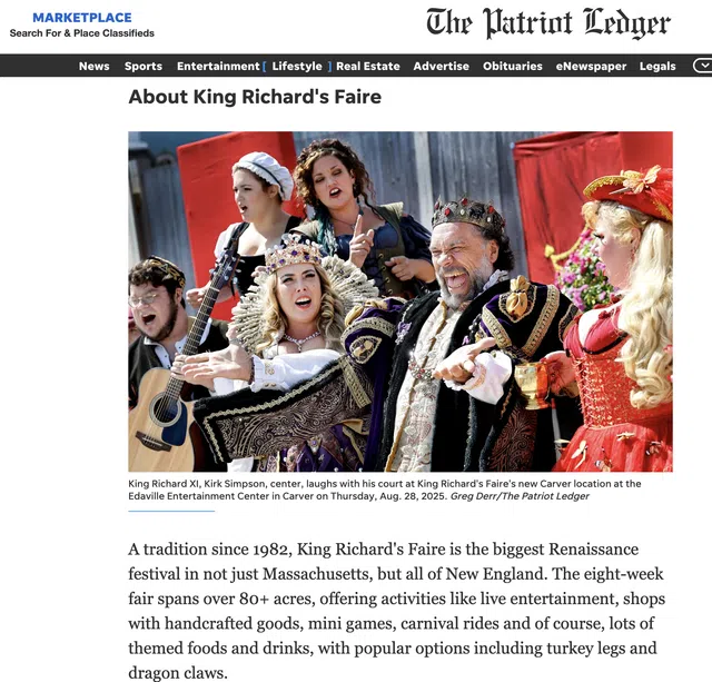 King Richard XI laughs with his court in elaborate Renaissance costumes at King Richard's Faire event in Carver.