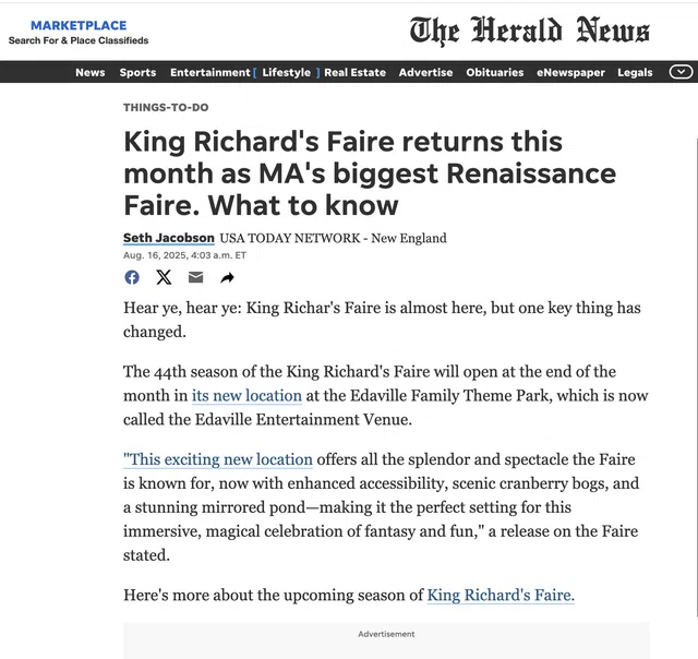 Article headline announcing King Richard's Faire returns as Massachusetts' largest Renaissance Faire in new location.
