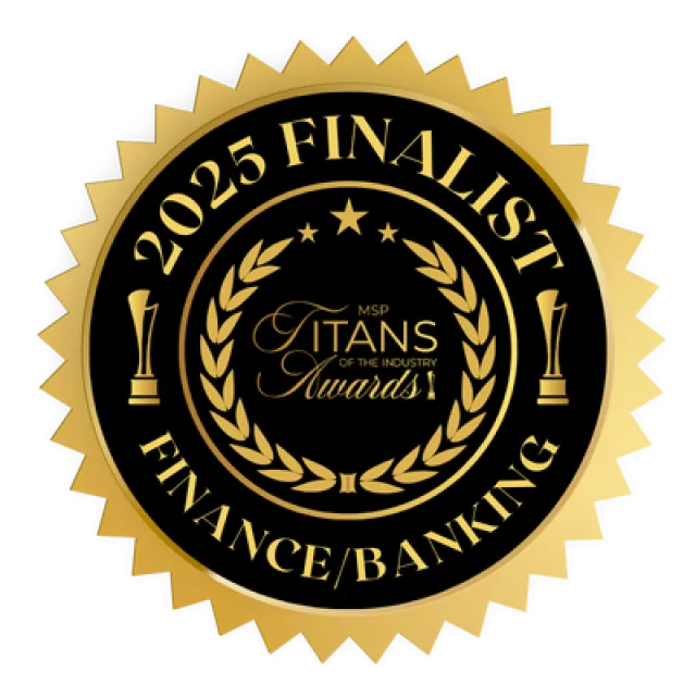 Gold and black 2025 Finalist seal for Titans of the Industry Finance and Banking Awards with laurel wreath