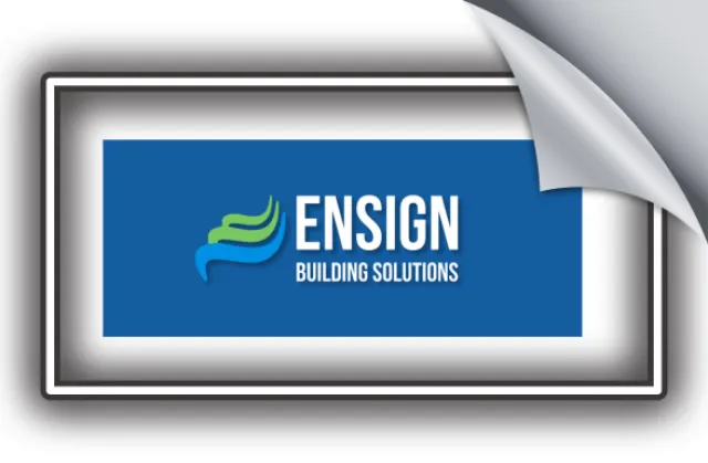 Ensign Building Solutions logo with blue background and green-blue abstract wave symbol