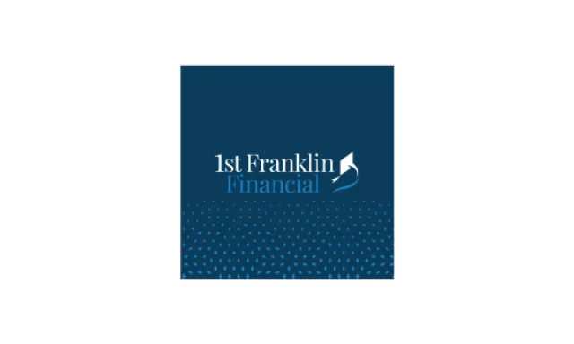 1st Franklin Financial logo on blue background with abstract dotted wave design.