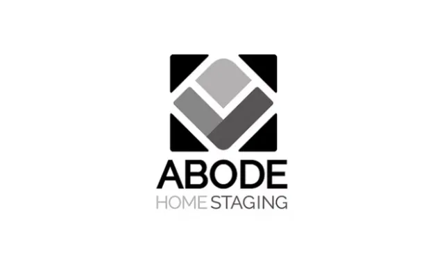 Abode Home Staging logo with geometric gray and black shapes above company name in black and gray text.
