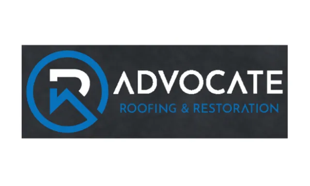 Advocate Roofing & Restoration logo with blue and white text and a circular icon on a dark background