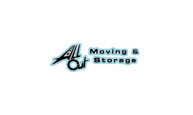 All Out Moving & Storage company logo with stylized text and road graphic on white background