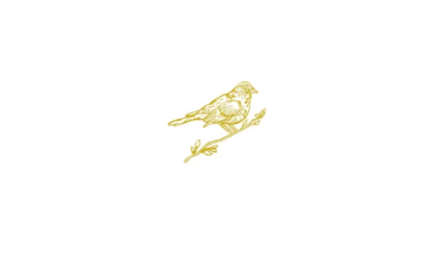 Detailed gold sketch of a small bird perched on a leafy branch with white background.