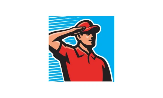 Illustration of a person in a red shirt and cap saluting against a blue background with white stripes.