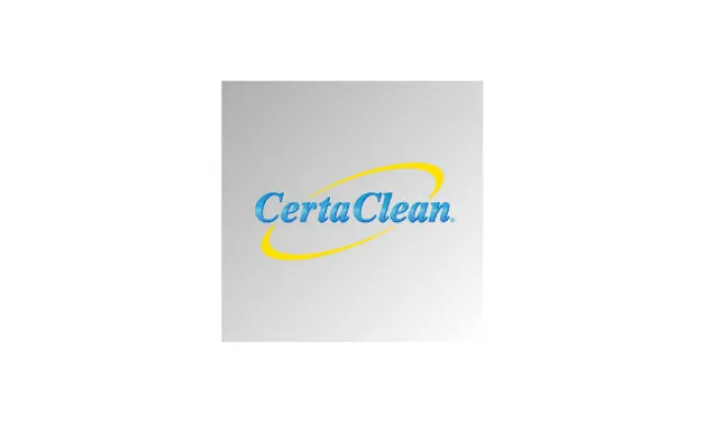 CertaClean logo with blue text and yellow swoosh on a gray gradient background